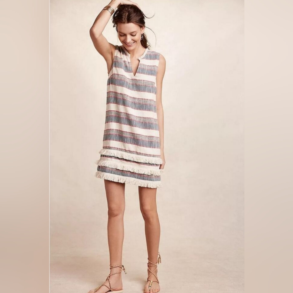 Holding Horses Striped Fringe Tiered Shift Dress 2 Sleeveless V-Neck Boho Chic